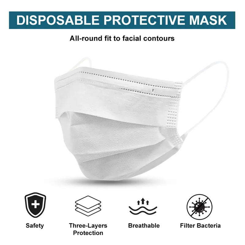 

Face Mouth Mask Disposable 3 Layers Health Care PM2.5 White Facial Protective Masks