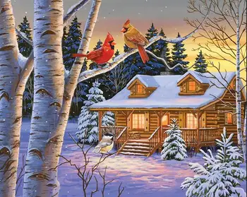 

Div 5D Winter Snow Lodge Cottage Bird Tree Country Rustic Full Diamond Painting kits art Scenic 3D paint by diamonds
