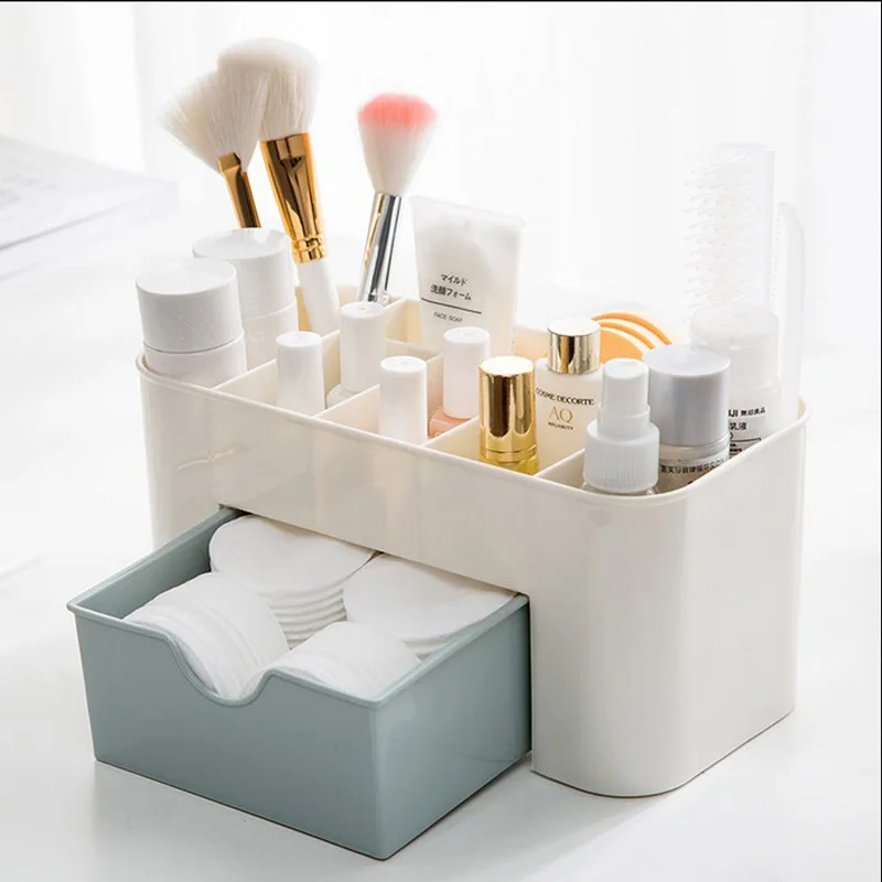 Plastic Makeup Organizer Pink Blue Green Make Up Brush Storage box with Drawer Cotton Swabs Stick Storage Case Gift Box