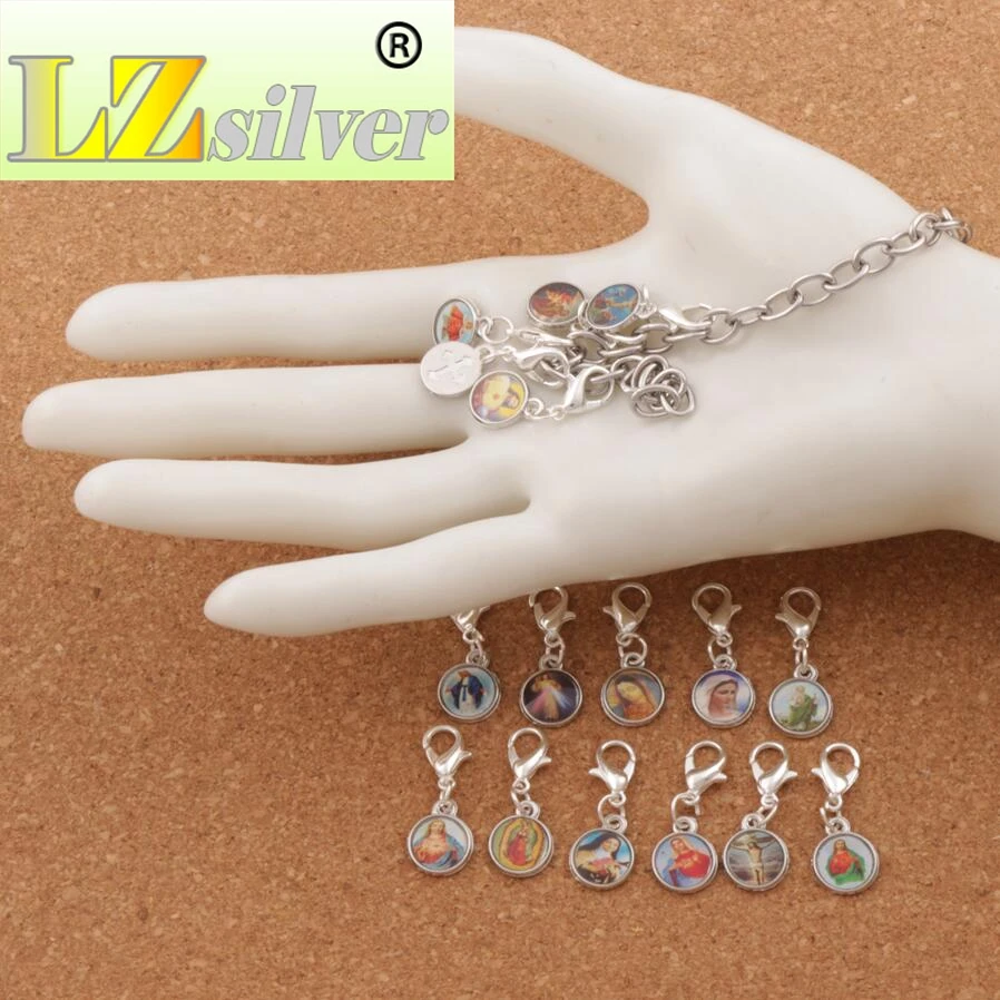 Catholic Religious Church Medals Saints Cross Clasp European Lobster Trigger Clip On Beads C1707 26.7x10mm 150ps Zinc Alloy