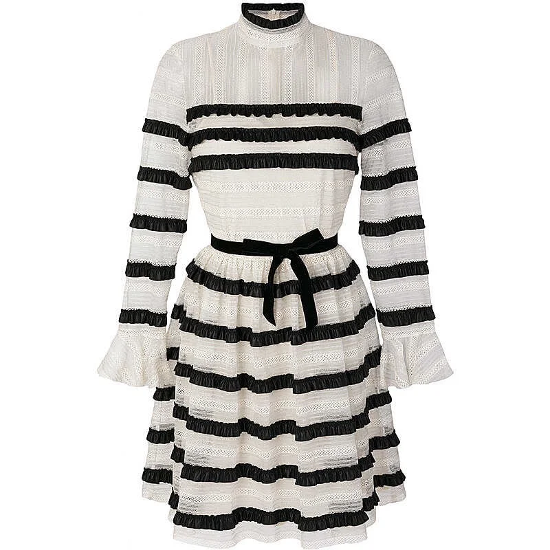Bicolor Lace Mesh Ruffles Velvet Bowknot Tiered Dress Mock neck Cutout Contrast Leather Flare Sleeve Tulle Skater Princess | Женская