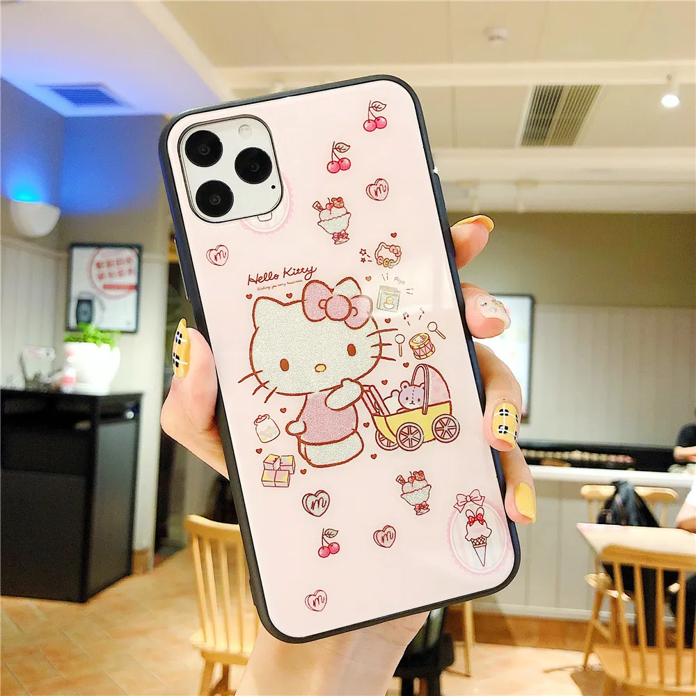 Hello kitty Маленькие близнецы звезды блестящий чехол из закаленного стекла для телефона для iphone 11 Pro Max 7 8 plus X XR XS MAX маленький чехол с русалкой