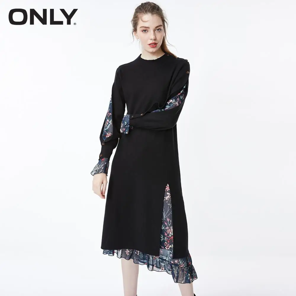 

ONLY Women's Black Two-piece Floral Irregular Knit Dress | 119346502