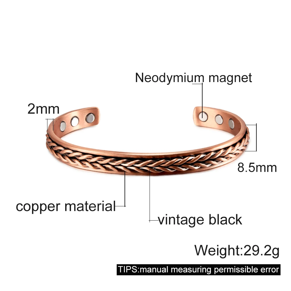 Bracciale Intrecciato In Rame Magnetico Per Donne E Uomini – 8 Magneti, Regolabile, Terapia Magnetica, Rame Puro 99,9%