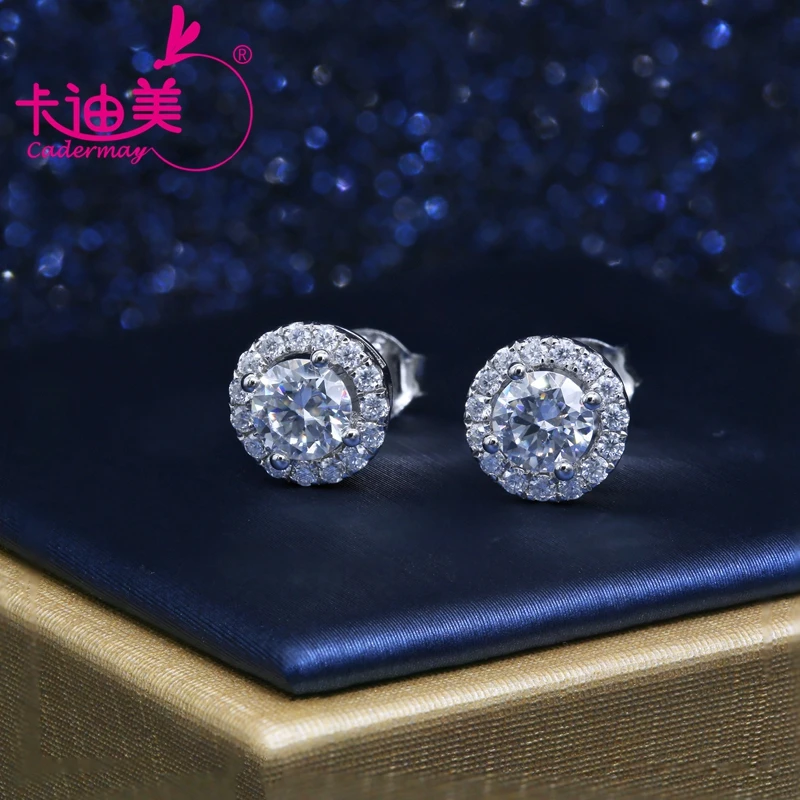

CADERMAY Fine Jewelry Real Silver Moissanite Earrings Diamond Test Passed Halo Round Moissanite Sterling Silver Stud Earrings