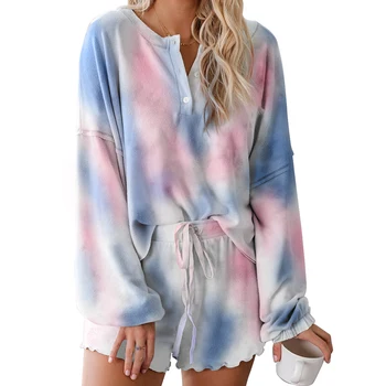 

Sleepwear Fashion Soft Long Sleeve Tops Night Ladies Women Pajamas Set Summer Tie Dye Print Loungewear Casual Shorts Home V Neck