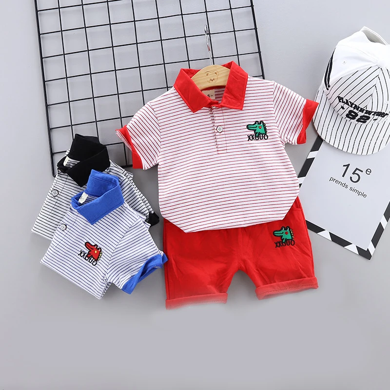 

Summer Boys Clothing Set Stripe Cartoon Crocodile Embroidered Short Sleeve Polo Shirt +Pants 2Pcs For 1-4 Years Casual Outfit