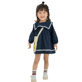 

2020 Spring Autumn Casual Fashion Baby Kids Girl Solid Color Long Sleeve Princess Dress Kids Clothes Navy collar