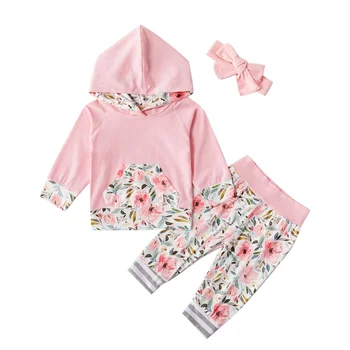

Baby Spring Autumn Cute Floral Print Cartoon Long Sleeve Sweater Hat Collar Shirts + Pants + Headband B