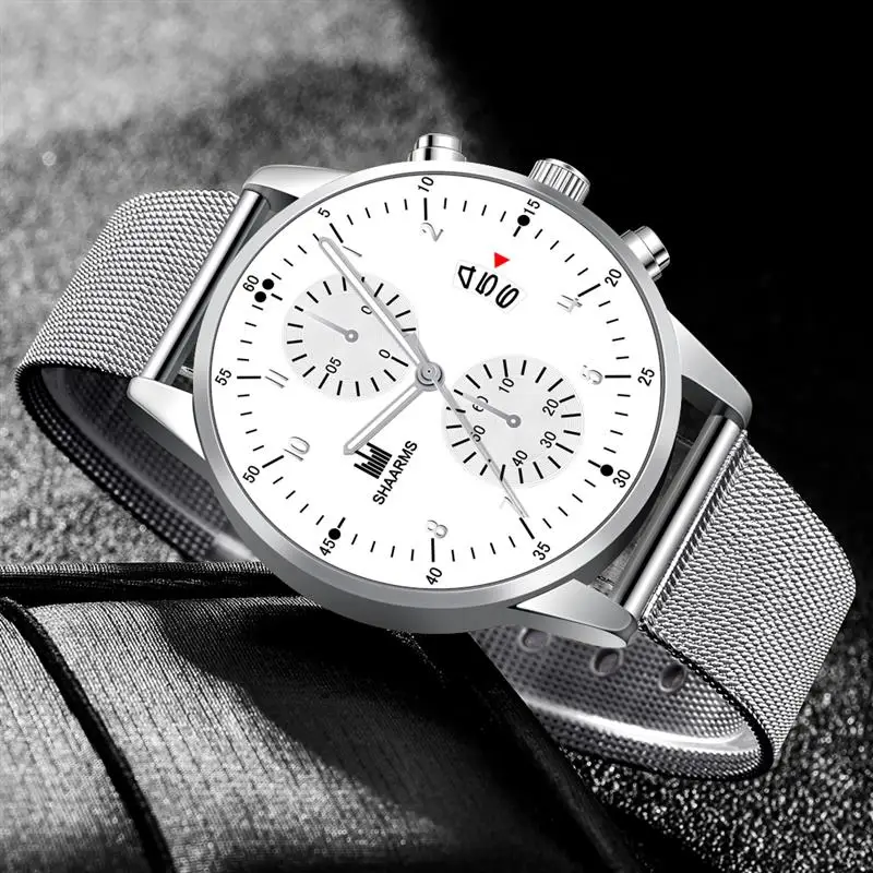 

SHAARMS Mesh Band Silver Watch Stainless Steel Analog Quartz Date Wristwatch Fashion Business Luxury Watches Relogio Masculino