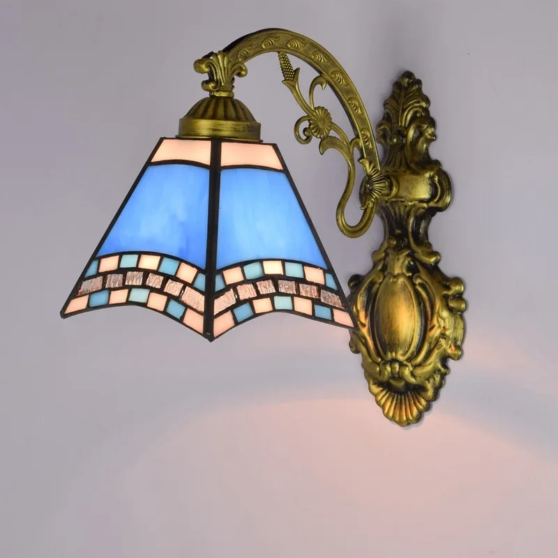 

European color glass retro mirror lamp American simple bedside wall lamp corridor Mediterranean blue glass wall lamp