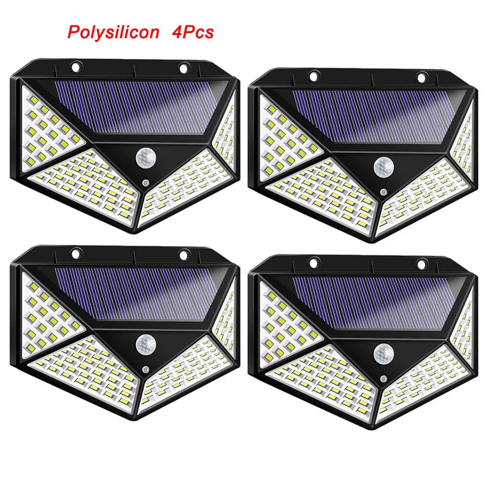 polysilicon 4Pcs 100 LED Four-Sided Solar Light Outdoor Solar Lamp Powered Sunlight 3 Modes PIR Motion Sensor for Garden Decoration Sunlight - Emitting Color: polysilicon 4Pcs