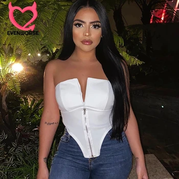 

Bomblook Women Strapless Boob Tube Tops Backless Fashion 2020 Spring Summer Party Casual Zipper Lrregular Solid Crop Top Tank