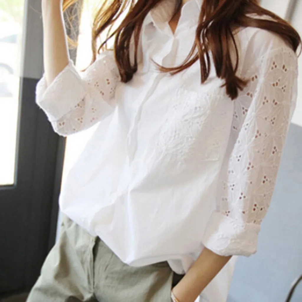 

Blouse Women White Plus Size Long Sleeve рубашка женская Lapel Button Pocket Hollow Out Casual Shirt Chemisier Femme 3XL OY40*