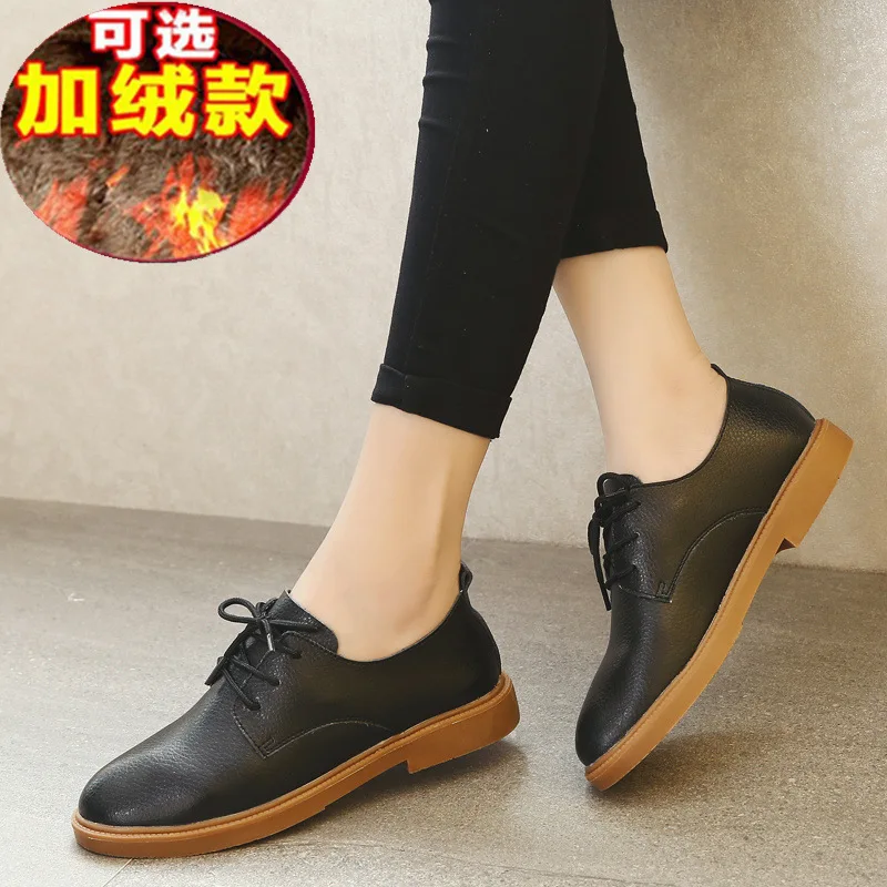 

Autumn And Winter plus Velvet WOMEN'S Genuine Leather Shoes Small Leather Shoes Women's College Style Low Heel Versatile Going t