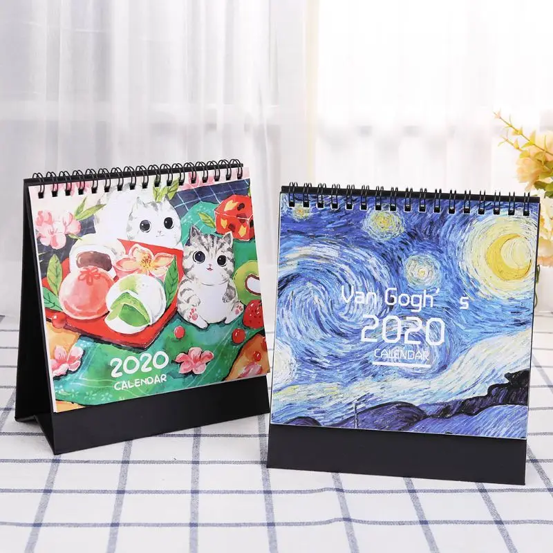 

2020 Colorful Pattern Desktop Standing Paper Double Coil Calendar Memo Daily Schedule Table Planner Yearly Agenda Organizer K92C