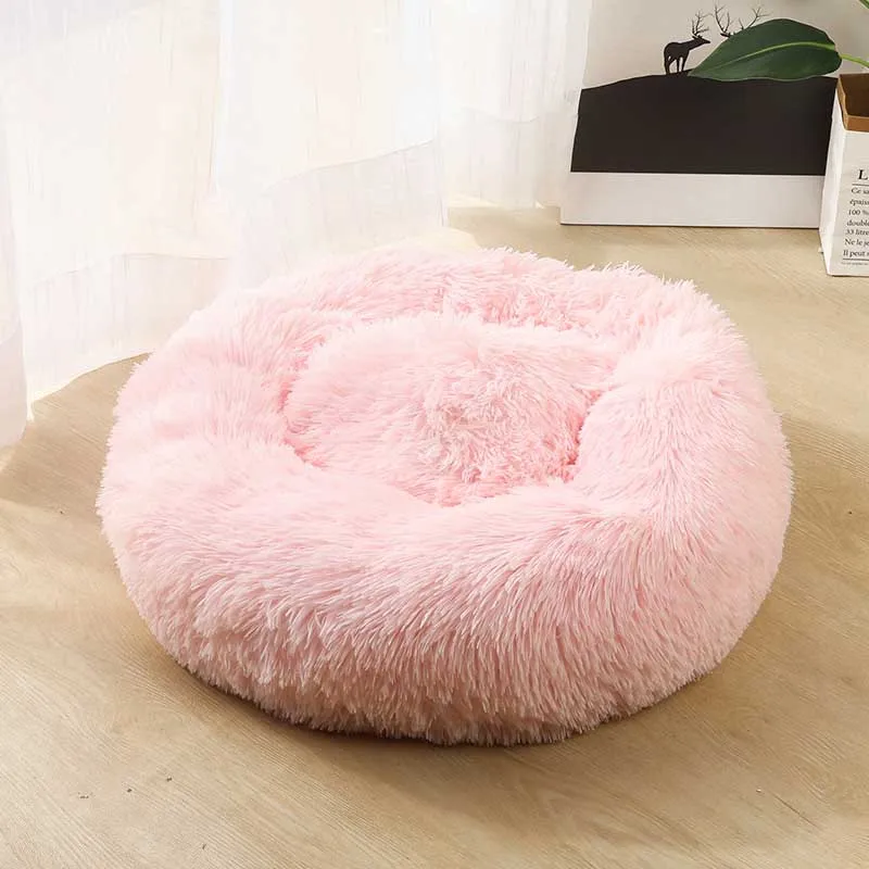 Round Long Plush Cat Rest Bed Sleeping Nest House Winter Warm Cattery Puppy Sleeping Beds Cushion Soft Mattress