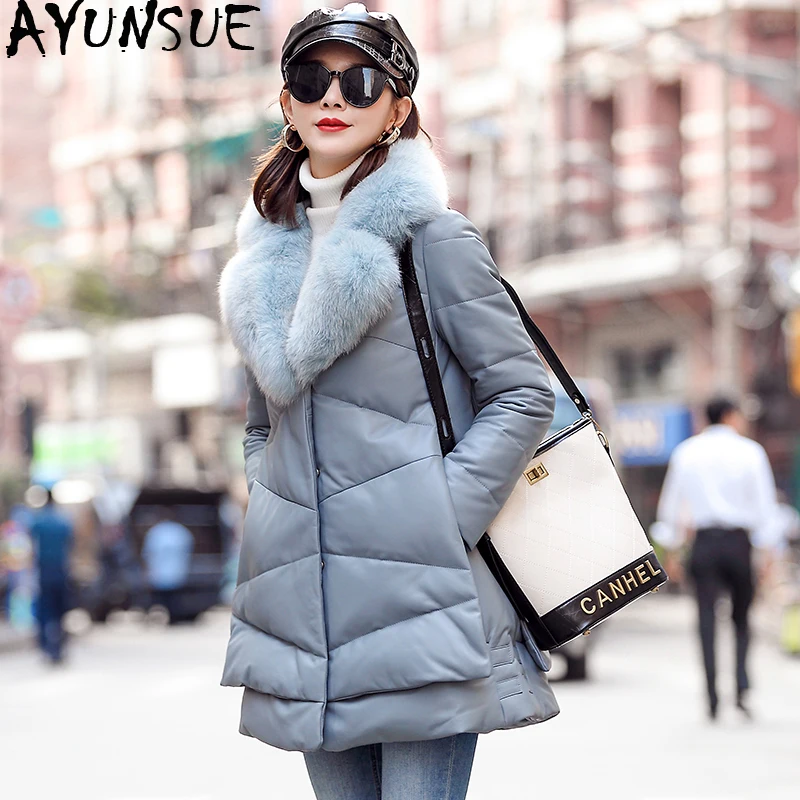 

AYUNSUE Genuine Leather Jacket Women Winter 100% Sheepskin Coat Fox Fur Collar Long Luxury Leather Down Jackets MFCM195933A