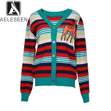 AELESEEN Модный Цветной полосатый Женский свитер в английском стиле с милым рисунком олененка однобортный Вязаный топ с v-образным вырезом