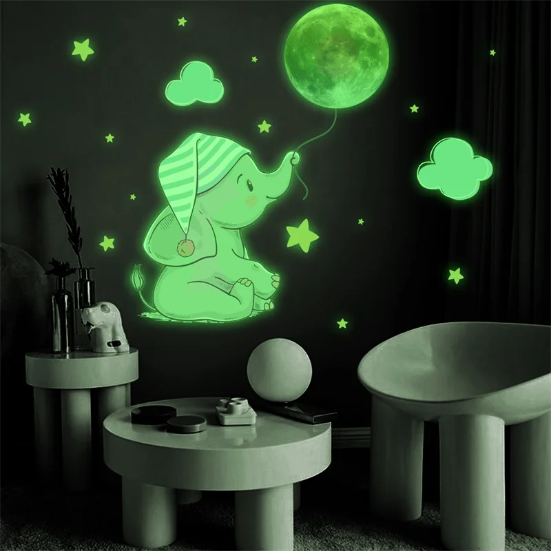 Baby Elephant Moon Luminous Wall Sticker For Children's Kids Bedroom Decorative Glow In The Dark Cartoon Panda Decals Home Decor