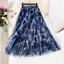 Wasteheart Autumn Winter Blue Green Women Skirt A-Line Ankle-Length Mesh Clothing Sexy Empire Long Skirts Plus Size Pleated