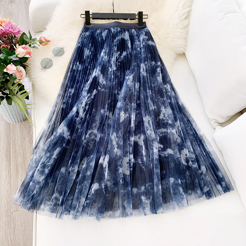 

Wasteheart Autumn Winter Blue Green Women Skirt A-Line Ankle-Length Mesh Clothing Sexy Empire Long Skirts Plus Size Pleated