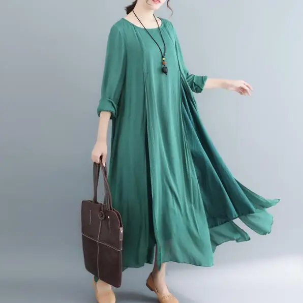 2020 большие размеры макси платья для женщин имитация двух частей длинный рукав