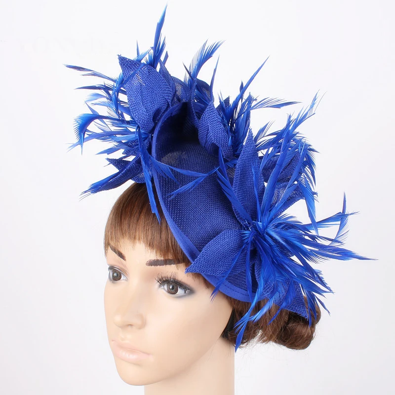 Royal Blue FS винтажная вуалетница Pillbox шляпа для женщин Имитация листьев перо кепки дамы Коктейльные Вечерние головной убор Свадебные невесты головные уборы - Цвет: Royal Blue