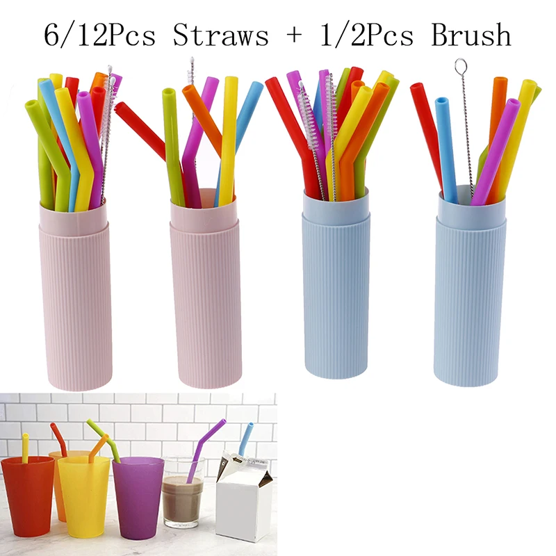 6/12Pcs Reusable Silicone Drinking Straws Set, Long Flexible Straws with Cleaning Brushes Bar Party Straws