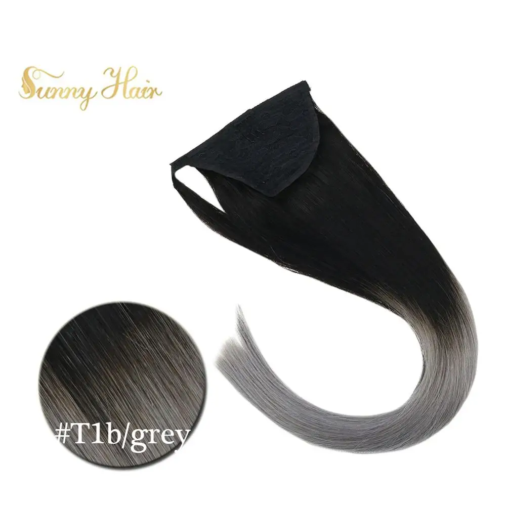

VeSunny Ponytail Extensions Wrap Around Magic Tape 100% Real Human Hair Ombre Natural Black to BlueGrey 70 Gram 14-22 Inches