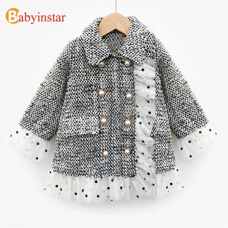Babyinstar зимние пальто для маленьких девочек; модная одежда из шерсти и смешанных материалов для детей; Лоскутная сетчатая верхняя одежда с длинными рукавами для малышей