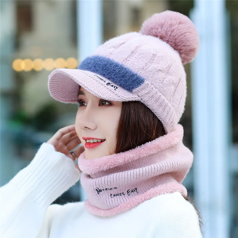 Прямая, комплект из 2 предметов для девочек, женские шапки Skullies Beanies, шапка с воротником, комплект для женщин, зимняя теплая вязаная шапка и шарф