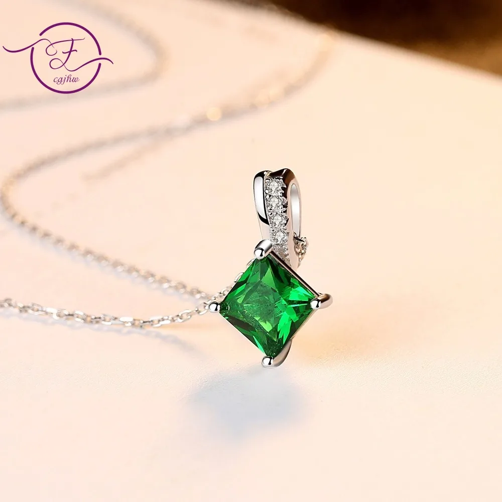 

S925 Sterling Silver Necklace Female Collarchain Emerald Green Jewelry Fashion Gemstone Pendant Necklace