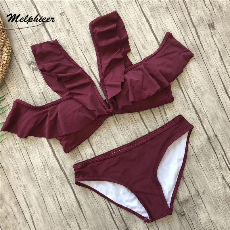 BU2008 Burgundy Melphieer, бордовый комплект бикини, Одноцветный, пуш-ап, бикини,, новинка, мягкий бюстгальтер, ремни, низкая талия, купальник, женский, с оборками, бикини - Цвет: BU2008 Burgundy