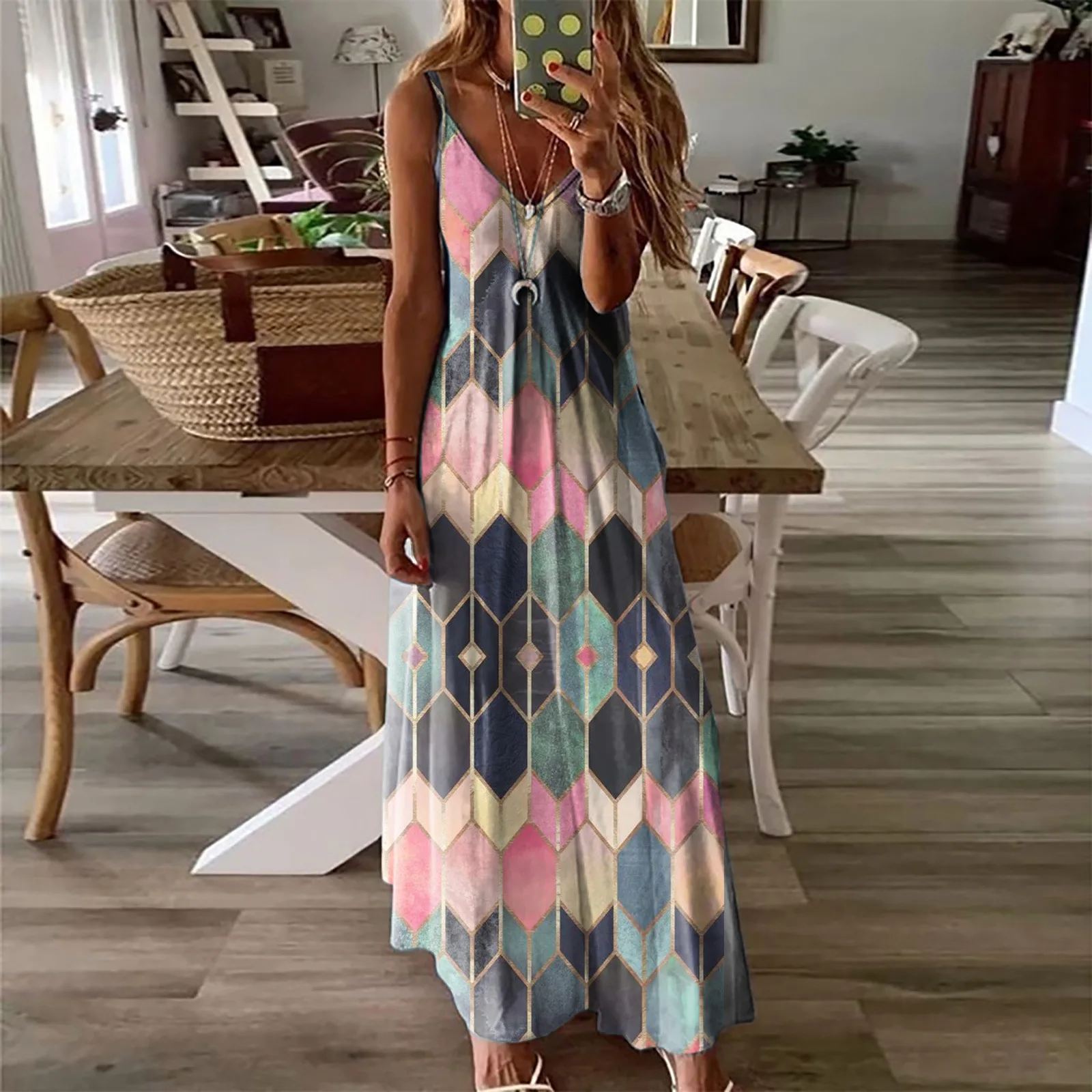 Women Dresses Ladies Sleeveless V-Neck Camisole A-Line Camisole Casual Printed Long Dress for Women 2021 Fashion Mujer Vestido bridesmaid dresses