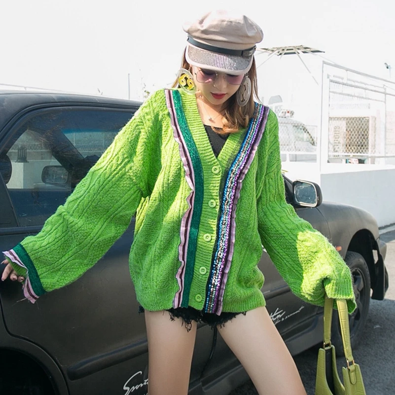 SexeMara Модный Свободный кардиган с блестками вязаный свитер