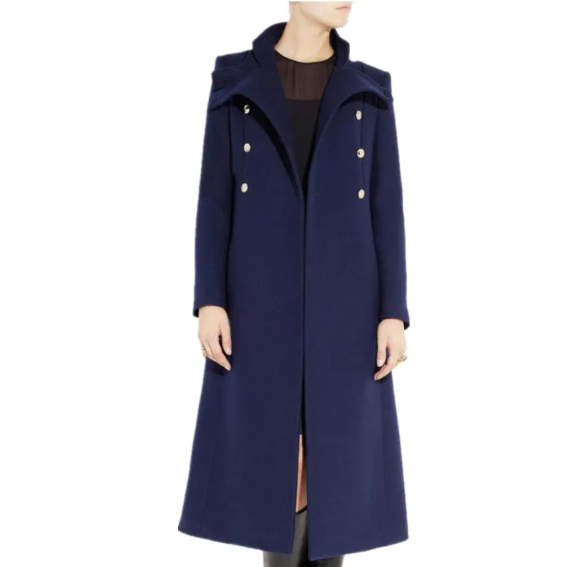 Зимнее модное двубортное шерстяное Женское пальто со стоячим воротником в стиле милитари длинное шерстяное пальто
