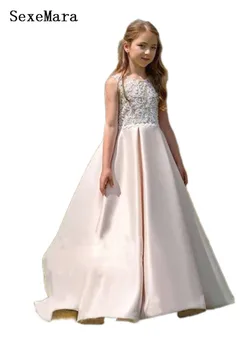 

White Lace Top Satin Girls Pageant Gown Flower Girl Dresses for Weddings Party Birthday Party Dress Kid Size 2-16Year