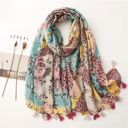 lady Fashion Bohemian Polka Floral Tassel Viscose Shawl Lady High Quality Print Wrap Pashmina Stole Bufandas Muslim Hijab Snood