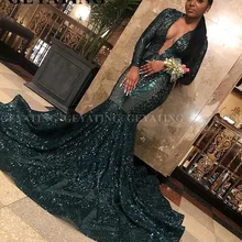 Сексуальное платье с глубоким v-образным вырезом, изумрудная зеленая Русалка, черное платье для выпускного вечера для девочек, блестящее платье с блестками и длинным рукавом, торжественные платья для выпускного вечера в африканском стиле