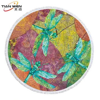 

Dragonfly Microfiber Round Beach Towel Indian Flower Tassels Thick Serviette Quick Compressed Towel Tapestry Yoga Mat