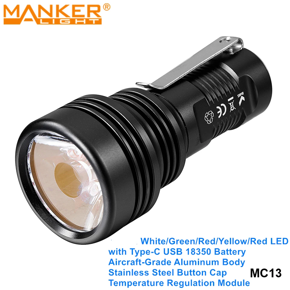 US $45.95 Manker MC13 Powerful Long Range Outdoor Portable Flashlight Blue Red LED Torch With TypeC USB Rechargeable 18350 Battery