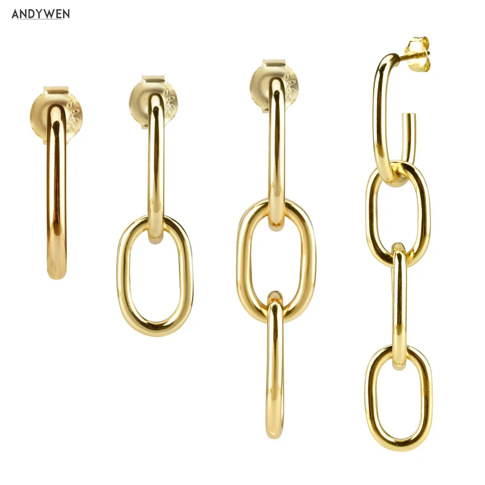 ANDYWEN 925 пробы серебряные золотые овальные длинные цепи круглые кольца петли