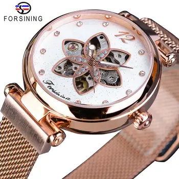 

Forsining Fashion Women Mechanical Watch Luxury Luminous Female Watches Creative Diamond Flower Dial Wristwatch Ladies Clock