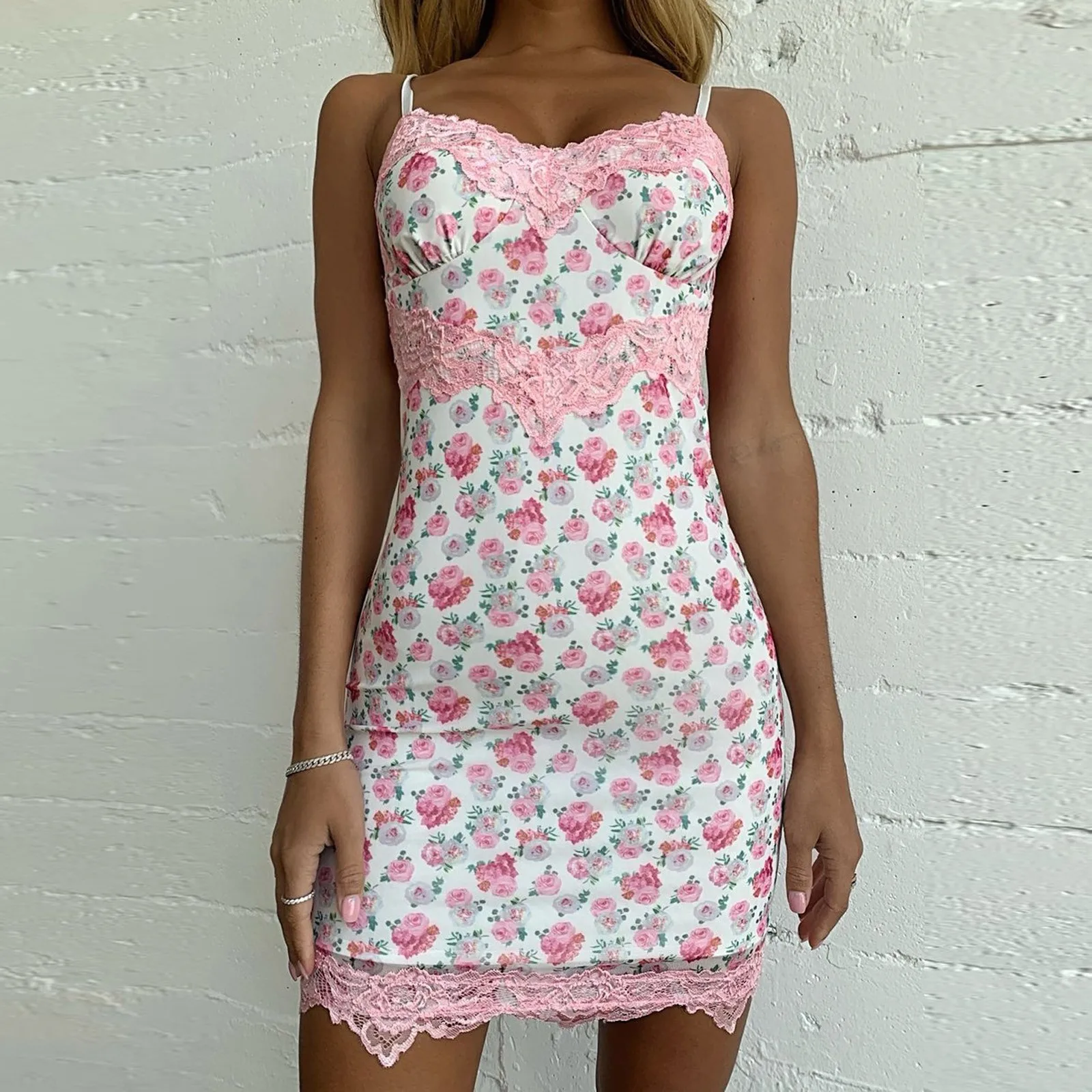 Summer Fashion Women Lace Print Splicing Sexy Camisole Dress Casual Dress V-neck Sexy Backless Tight Dress Sling  Vestido Mujer 2