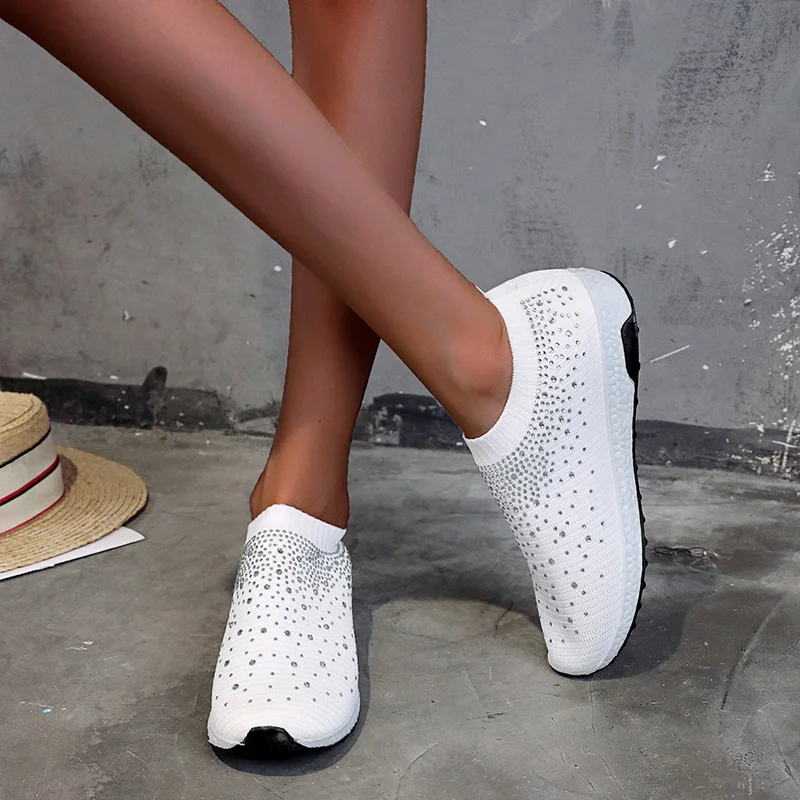 Женские Модные шикарные кроссовки со стразами Носки без шнуровки Повседневная