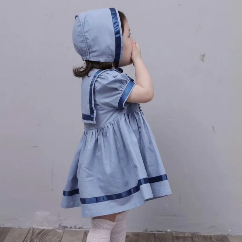 dress hat Испанское детское хлопковое платье с короткими рукавами для девочек темно-синее платье принцессы в британском стиле рубашка для мальчиков+ штаны Одежда для братьев и сестер - Цвет: dress hat