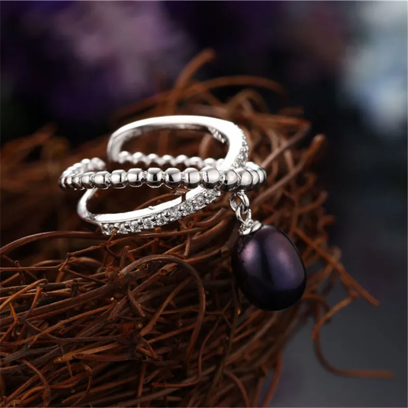 Dainashi Genuine Freshwater Cultured Pearl Ring 925 Sterling Silver Zircon Crystal Adjustable Ring Party Gift for Women