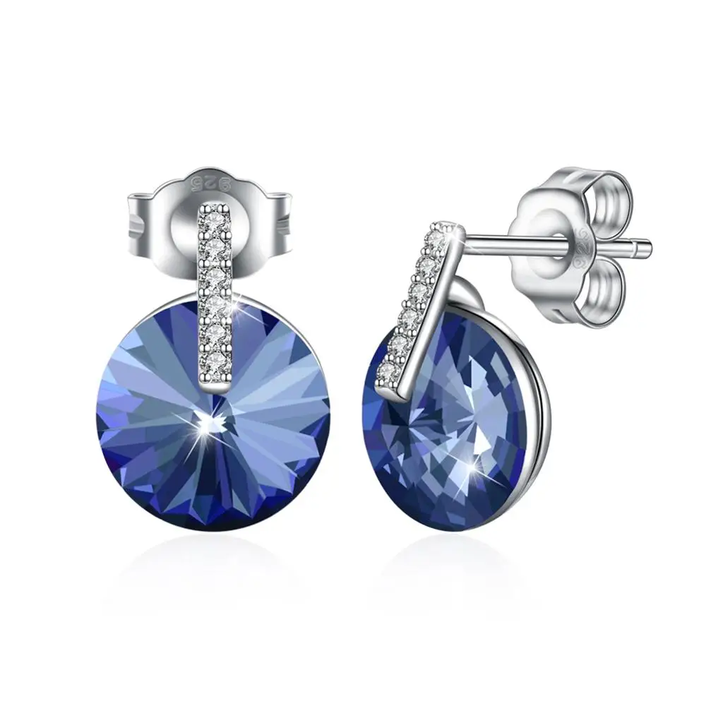 

LEKANI Blue Crystals From Swarovski Round Earrings 925 Sterling Silver Studs Fine Jewelry for Women Drop Shipping Wholesale