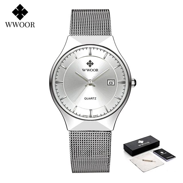 WWOOR Luxury Ultra Thin Mens Quartz Wristwatches Waterproof Casual Sports Mesh Steel Gold Automatic Date Watch Relogio Masculino times quartz watch price Quartz Watches